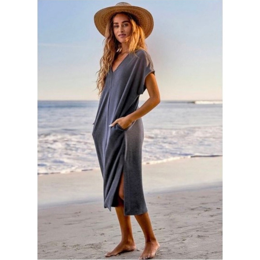 Barefoot Dreams Womens Cozyterry Kaftan Cover Up Dress Charcoal Grey 2X